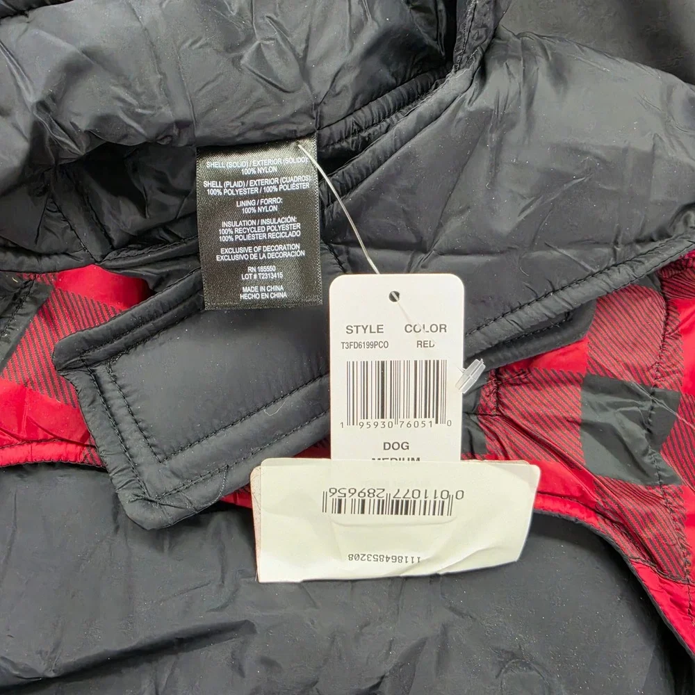 NWT M Dog Puffer Vest Red Black Buffalo Plaid Insulated Jacket